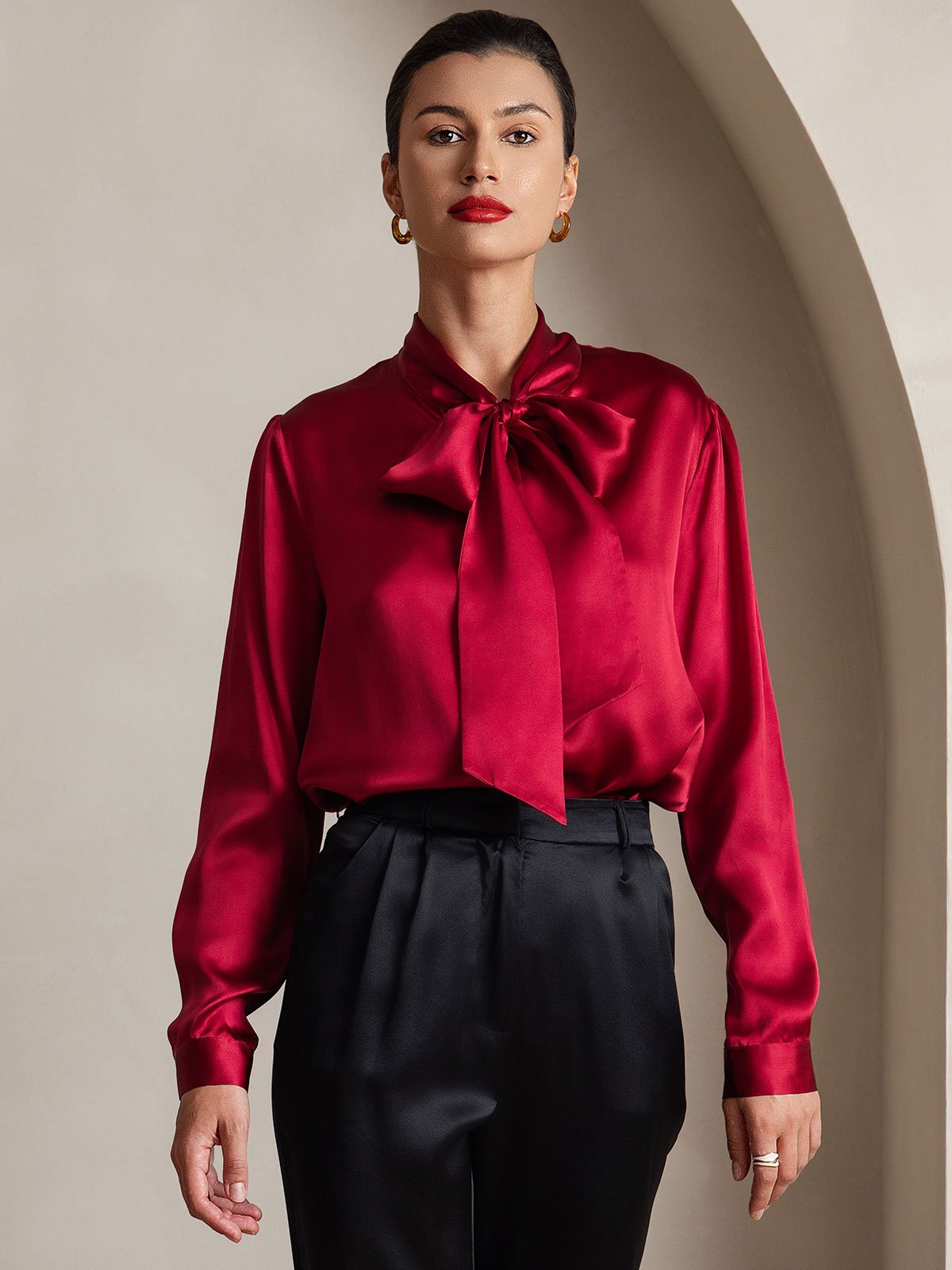 [Wine] SilkSilky-UK 19Momme Silk Long Sleeve Tie Neck Women's Shirt 001