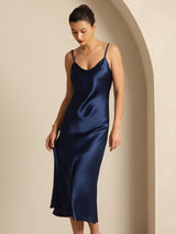 [Dark Blue] SilkSilky-UK Spaghetti Strap V Neck Dress 007