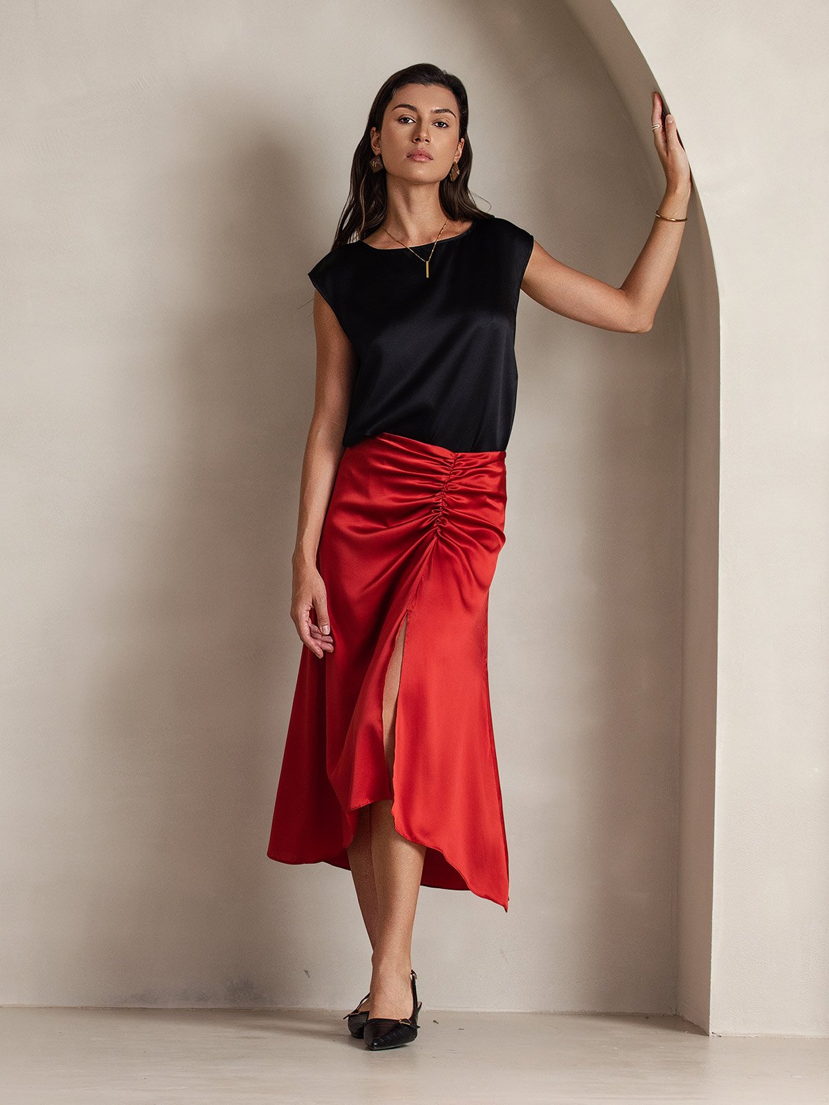[Black] SilkSilky-UK 19Momme Silk Round Neck Women's T-Shirt 007
