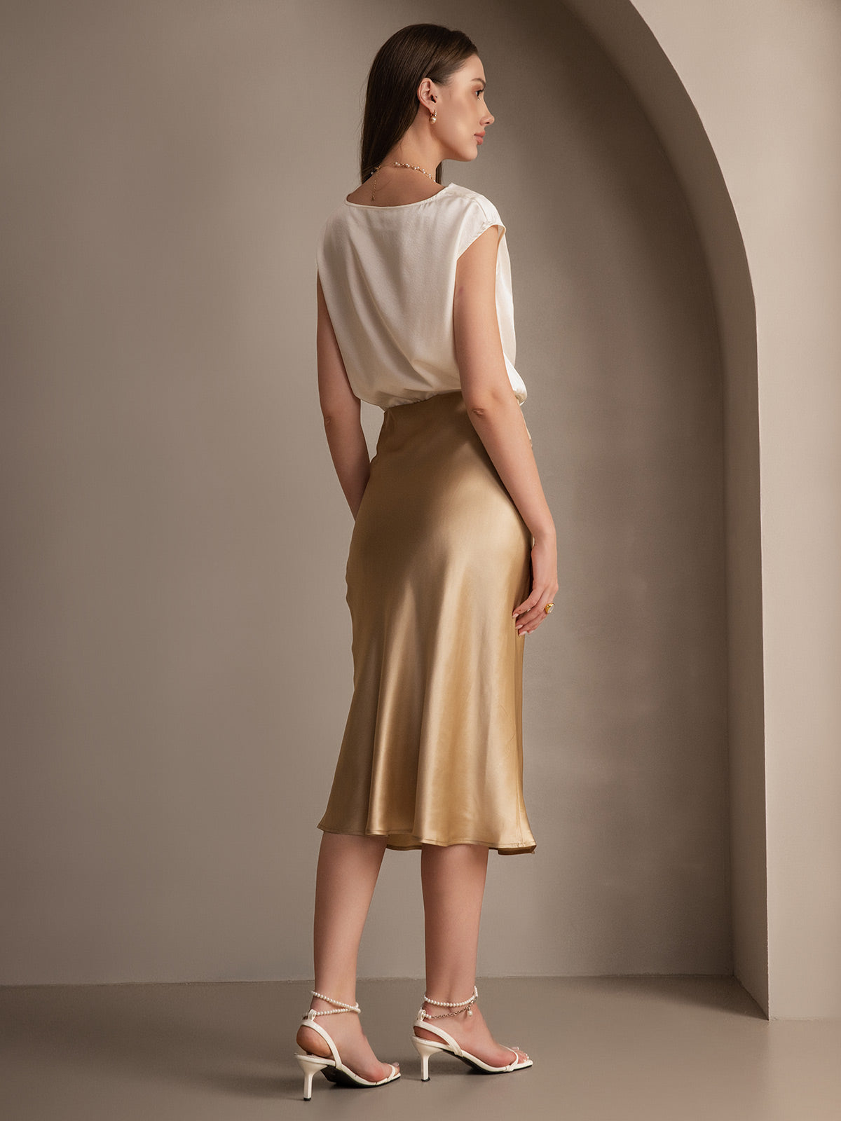 [Champagne] SilkSilky-UK 19Momme Pure Silk Skirt 007,