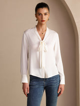[White] SilkSilky-UK Long Sleeve Tie Neck Women's Blouse 001
