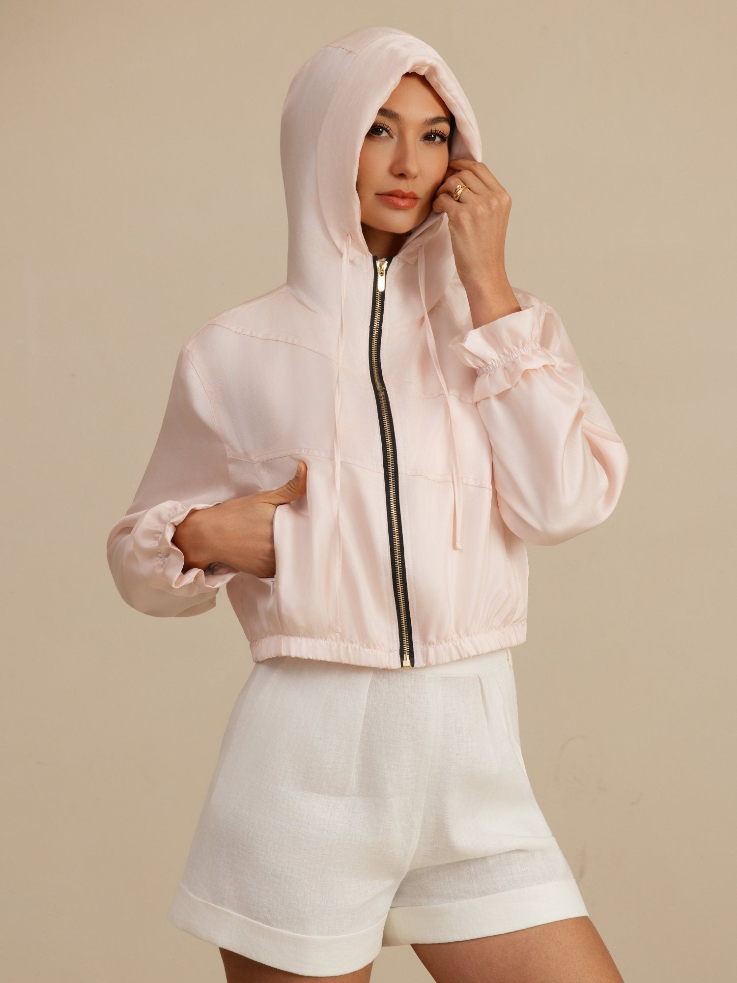 [Pink] SilkSilky-UK 18Momme Silk Satin Surah Long Sleeve High Neck Women's Outerwear 006