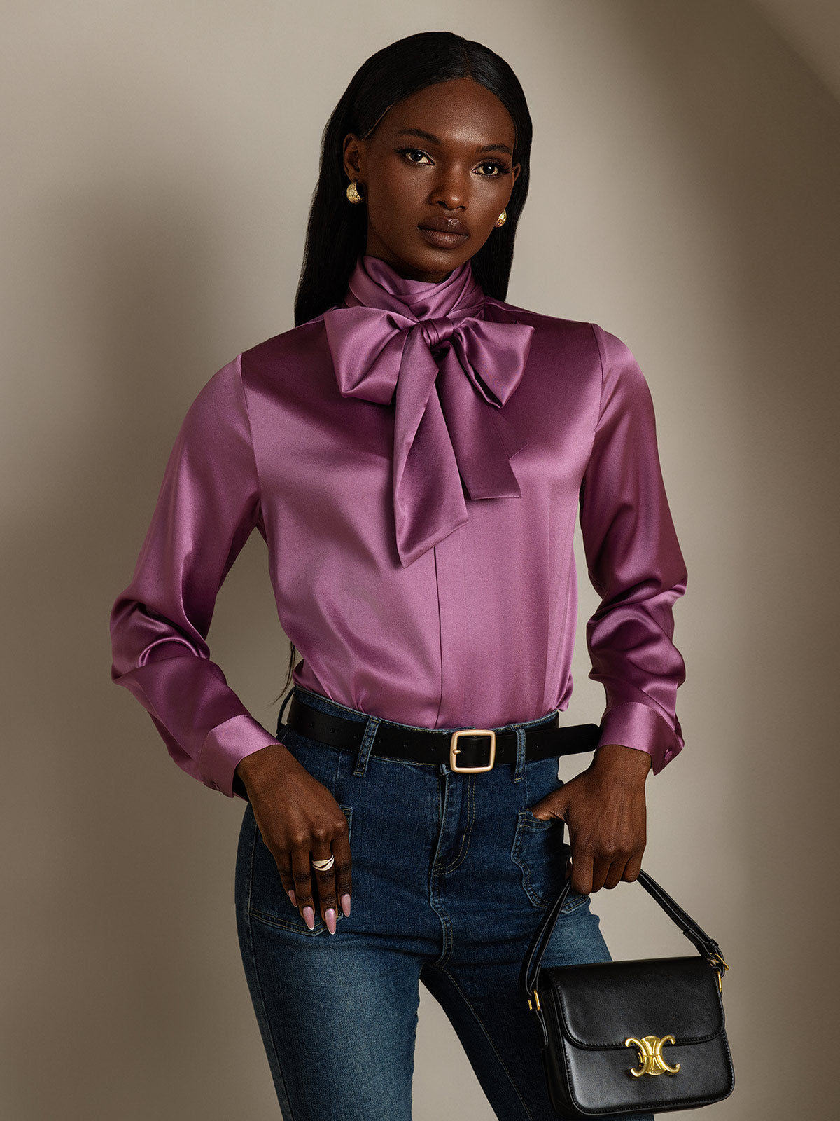 [Deep Purple] SilkSilky-UK 19Momme Silk Long Sleeve Tie Neck Blouse 003