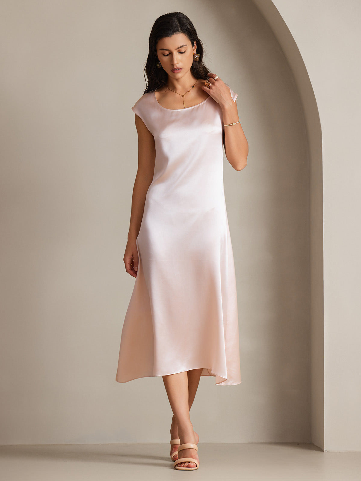 [Pink] SilkSilky-UK 19Momme Silk Round Neck Dress 005