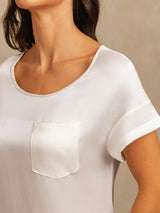 [White] SilkSilky-UK 19Momme Machine-Washable Silk Short Sleeve Round Neck Nightdress 004