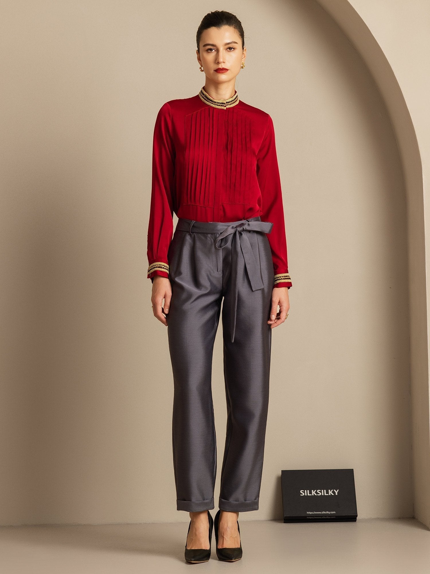 [Gray] SilkSilky-UK 32Momme Silk-Wool Blend Womens Pants 006,