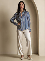 [Navy Stripe] SilkSilky-UK Long Sleeve Lapel Collar Women's Shirt 008