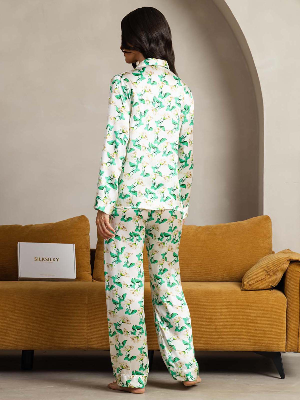 [Green Floral] SilkSilky-UK Pure Silk Womens Pajamas 002
