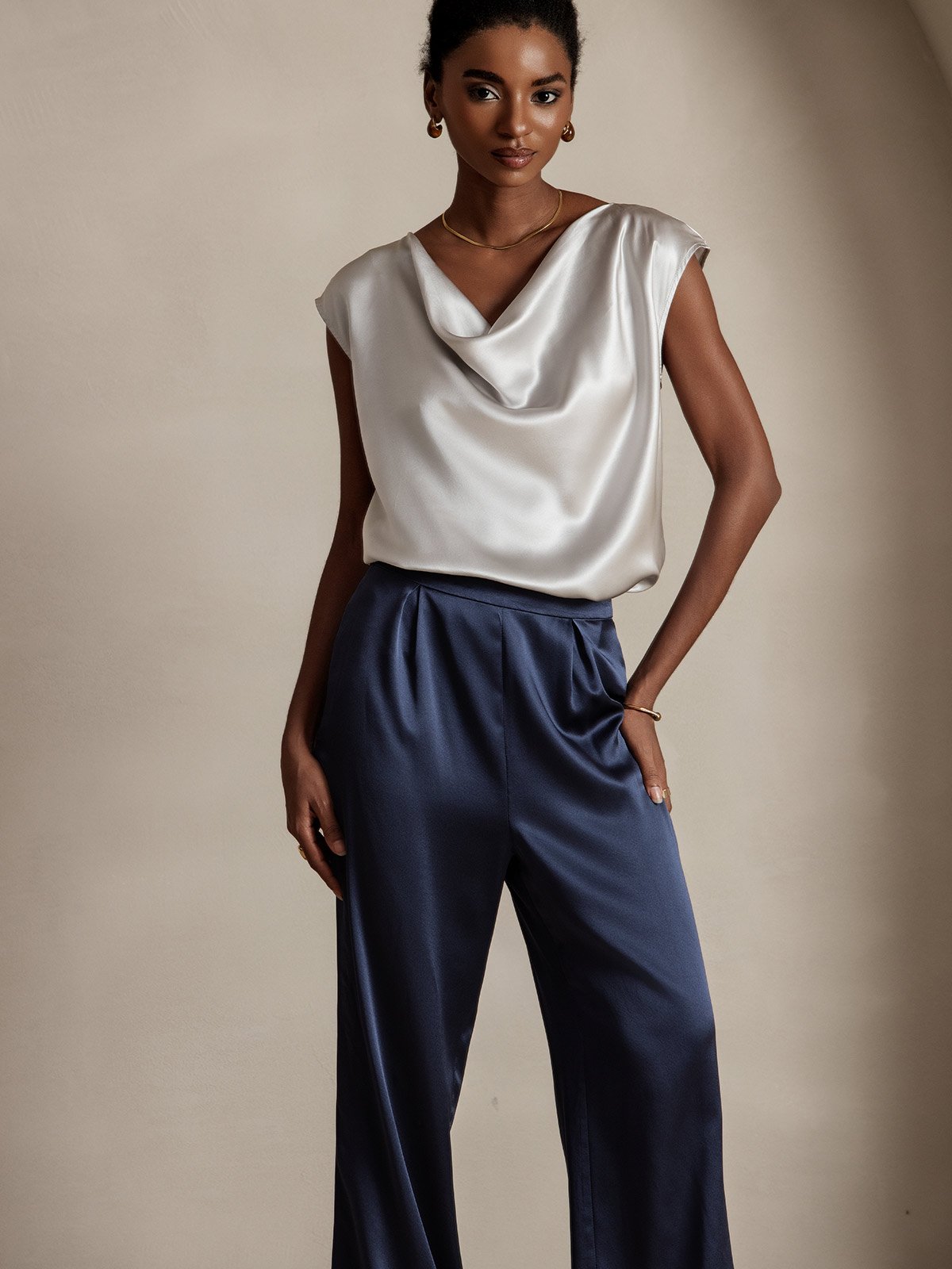 [Light Gray] SilkSilky-UK 19Momme Silk Cap Sleeve Cowl Neck Women's T-Shirt 003