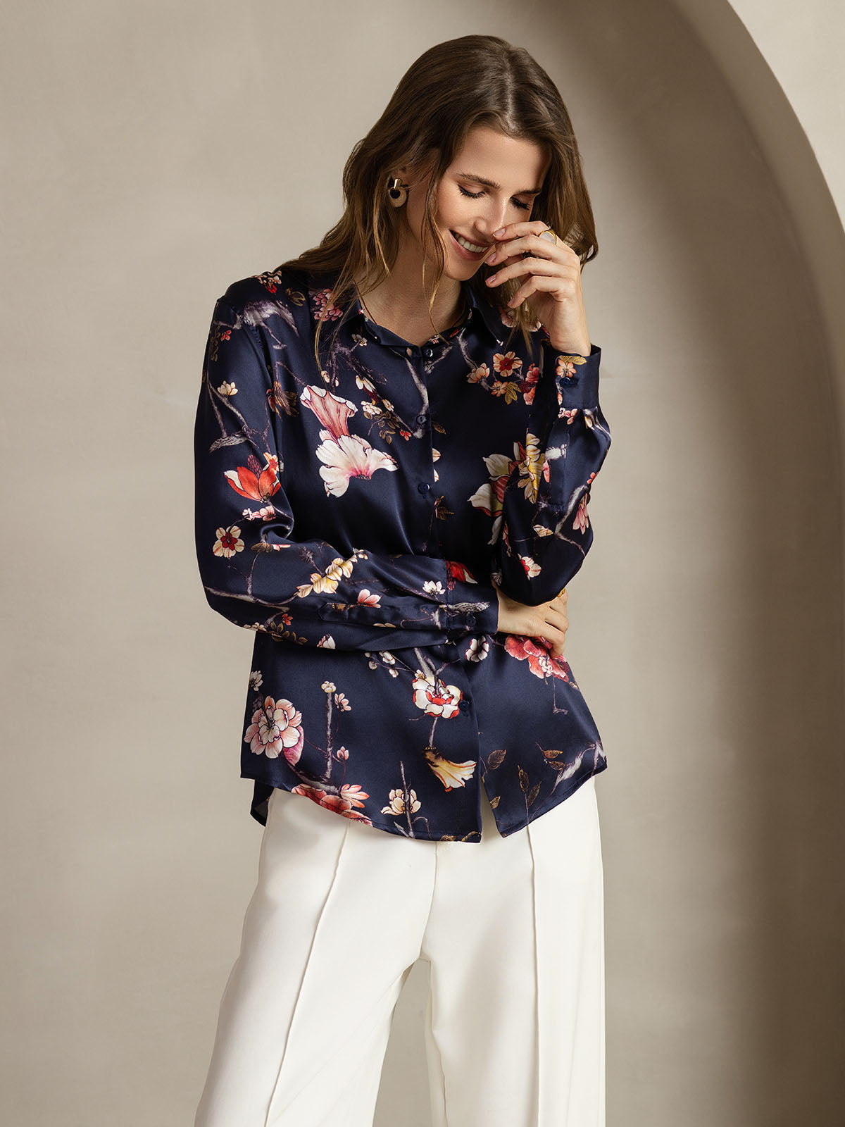 [Navy Floral] SilkSilky-UK Silk Long Sleeve Collar Women's Shirt 008
