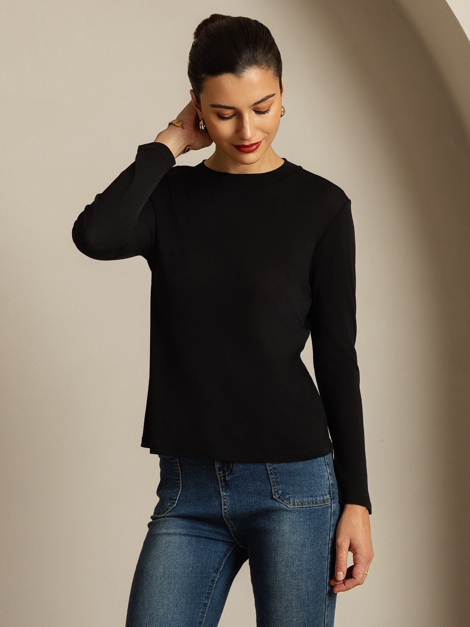 [Black] SilkSilky-UK Pure Silk Round Neck Women's T-Shirt 006