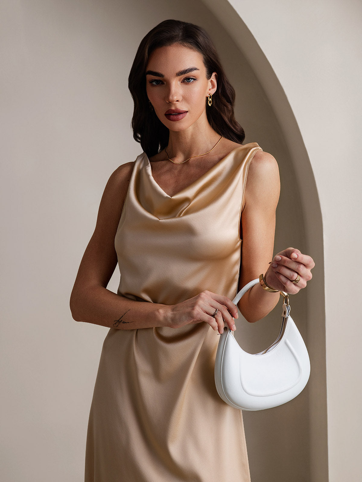 [Champagne] SilkSilky-UK 19Momme Silk Cowl Neck Dress 002