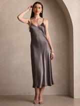 [Dark Khaki] SilkSilky-UK Spaghetti Strap V Neck Dress 004