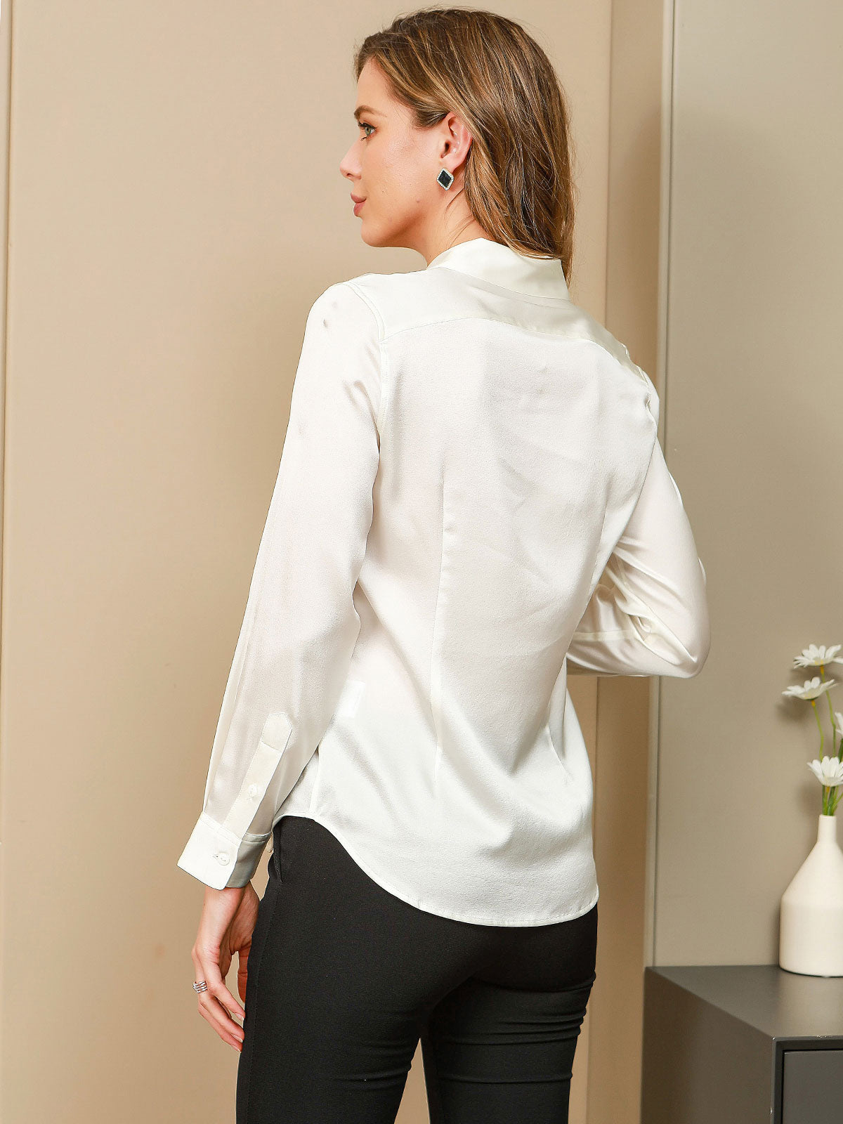 [White] SilkSilky-UK Silk Collar Women's Shirt 002