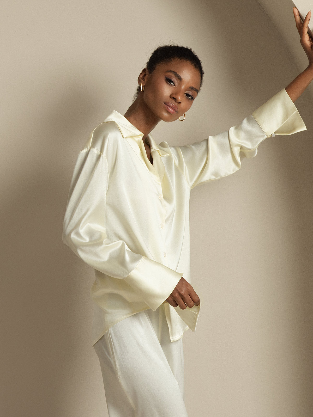 [Ivory] SilkSilky-UK 19Momme Silk Notch Collar Women's Shirt 007