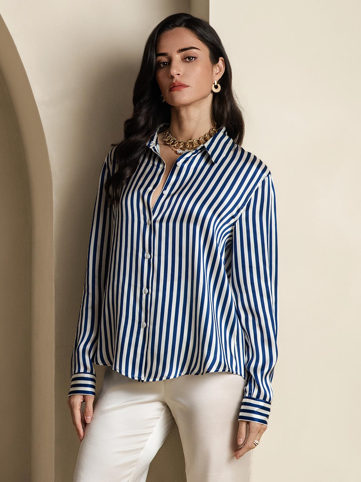 [Navy Stripe] SilkSilky-UK Silk Long Sleeve Collar Women's Shirt 003