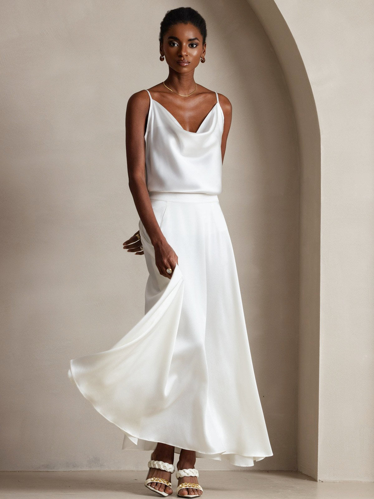 [White] SilkSilky-UK 19Momme Silk Spaghetti Strap Cowl Neck Camisole 007