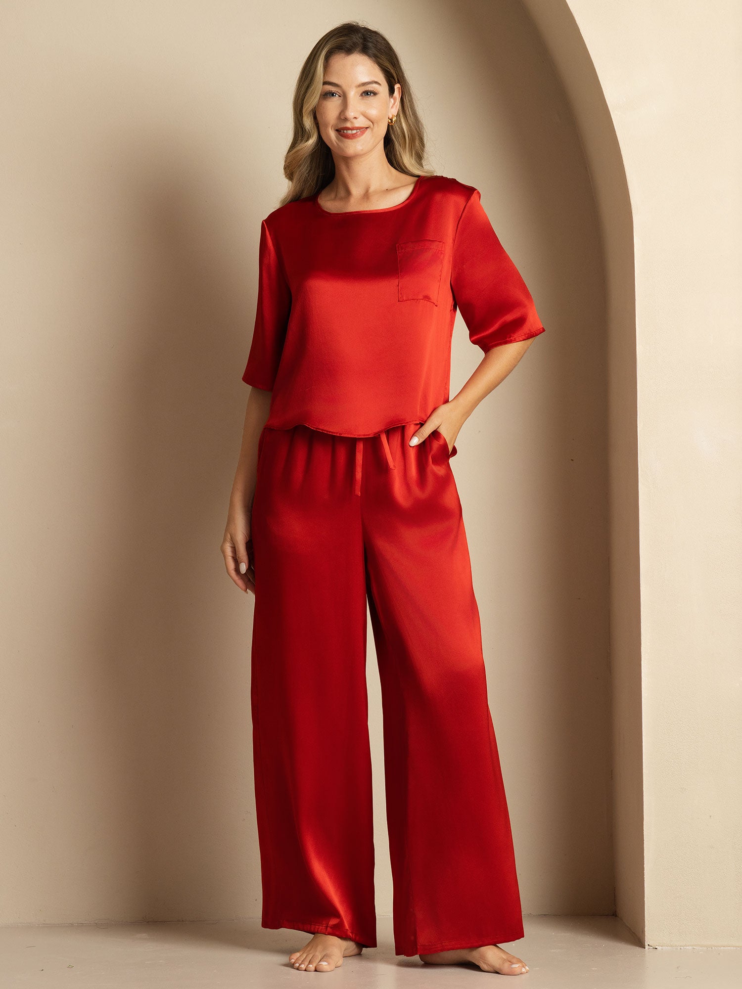 [Wine] SilkSilky-UK Pure Silk Round Neck Women's Pyjamas 003