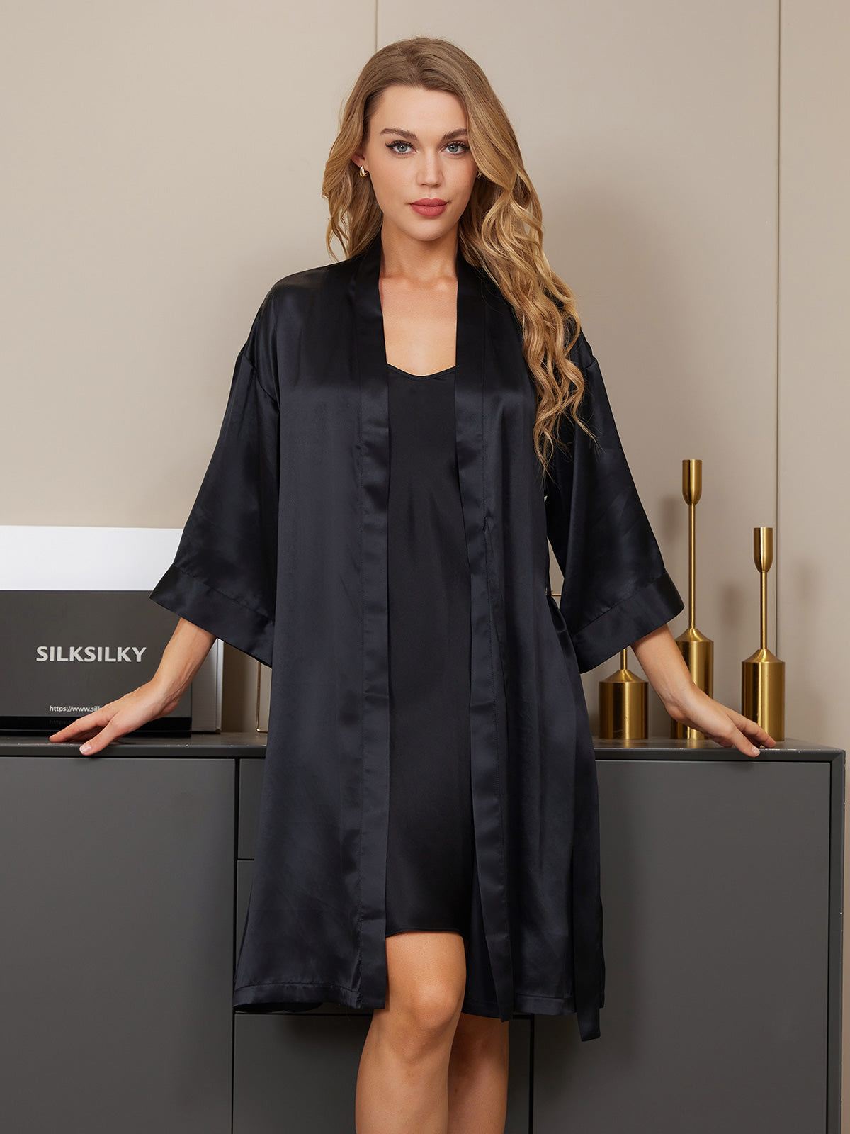 [Black] SilkSilky-UK Pure Silk V Neck Nightdress&Dressing gowns 005