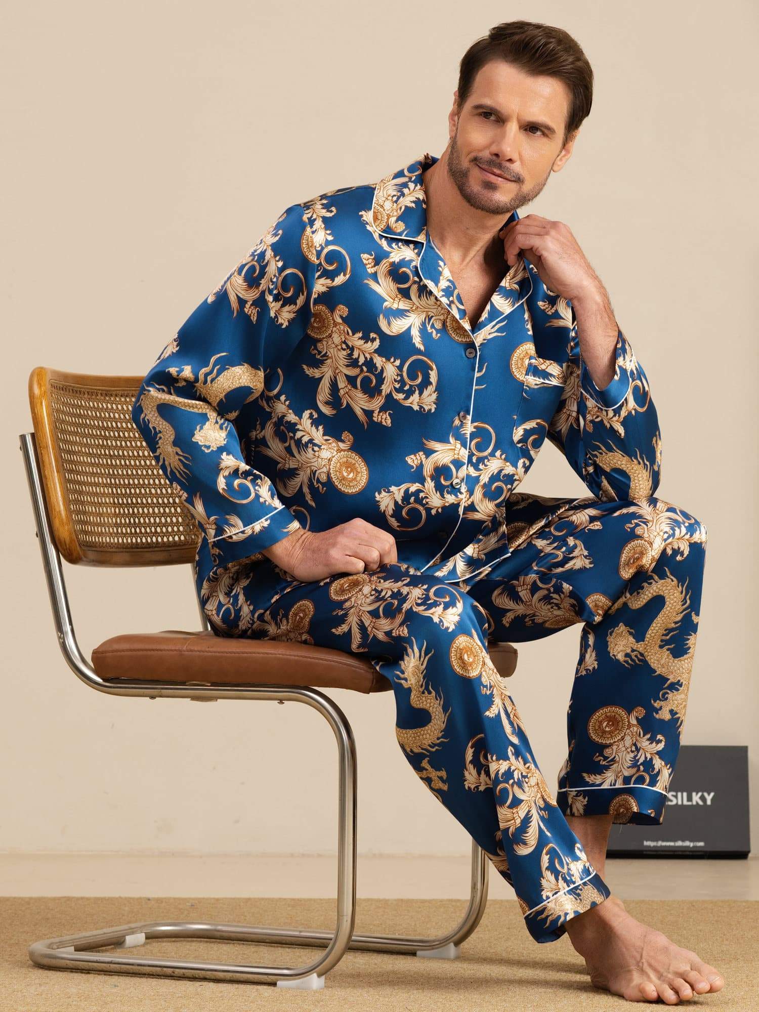 [Navy Dragon] SilkSilky-UK Long Sleeve Notch Collar Men's Pyjamas 001