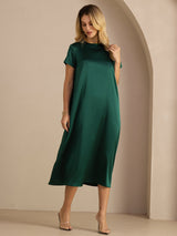 [Dark Green] SilkSilky-UK Short Sleeve Round Neck Dress 004