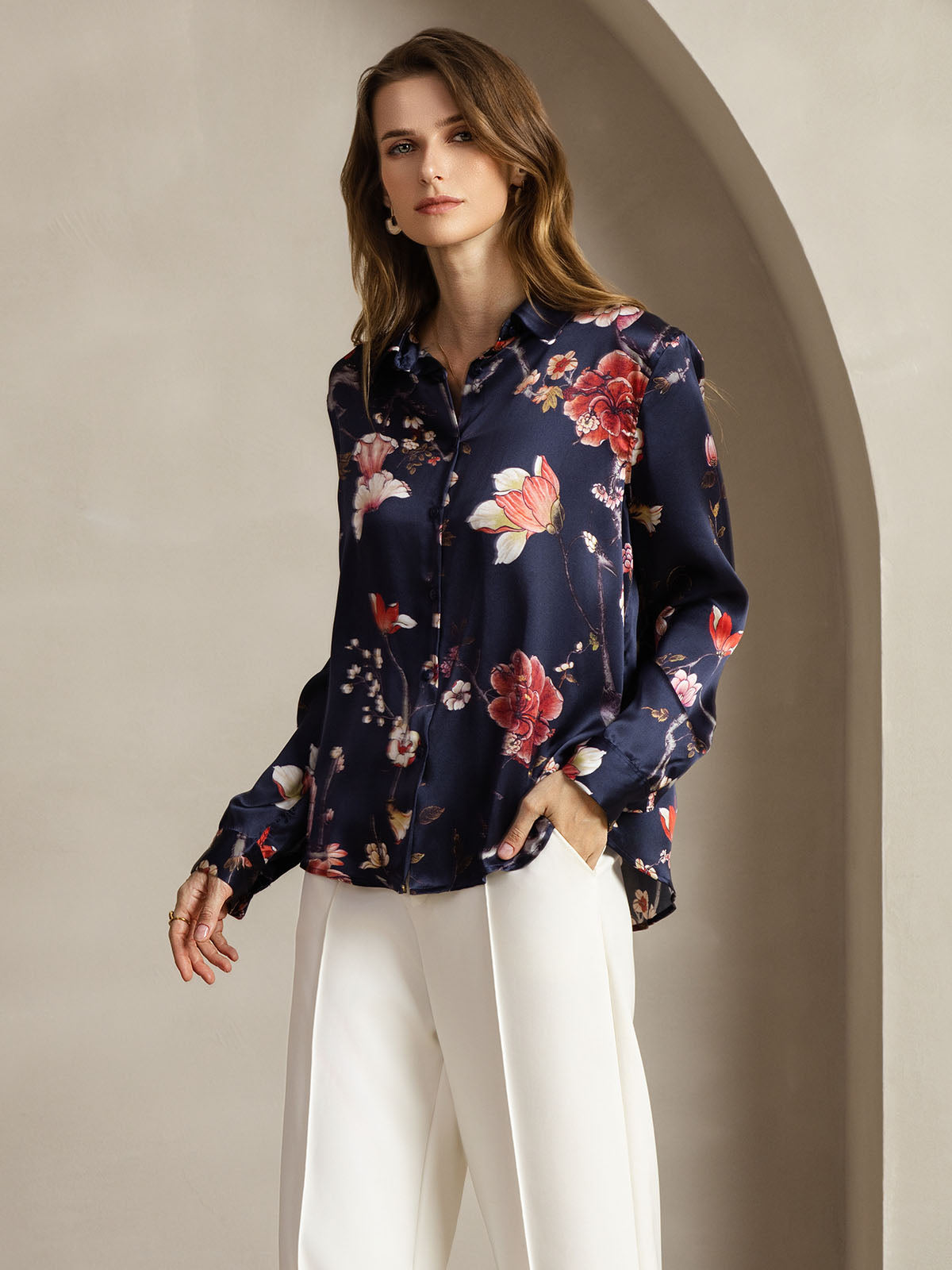 [Navy Floral] SilkSilky-UK Silk Long Sleeve Collar Women's Shirt 003