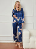 SilkSilky UK 19Momme Pure Silk Long Sleeve Lapel Women's Pyjamas DarkBlue 004