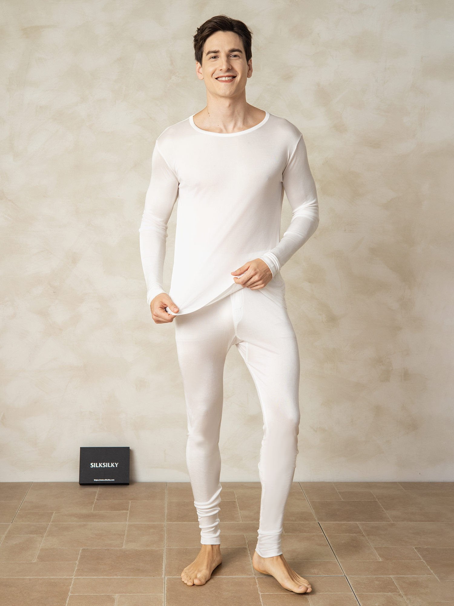 [White] SilkSilky-UK Silk Knitted Round Neck Men's Pyjamas 001
