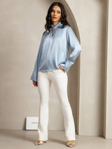 [Grayish Blue] SilkSilky-UK 19Momme Silk Keyhole Neck Women's Shirt 012