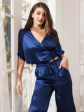 SilkSilky UK Pure Silk Half Sleeve Womens Pajamas DarkBlue 005