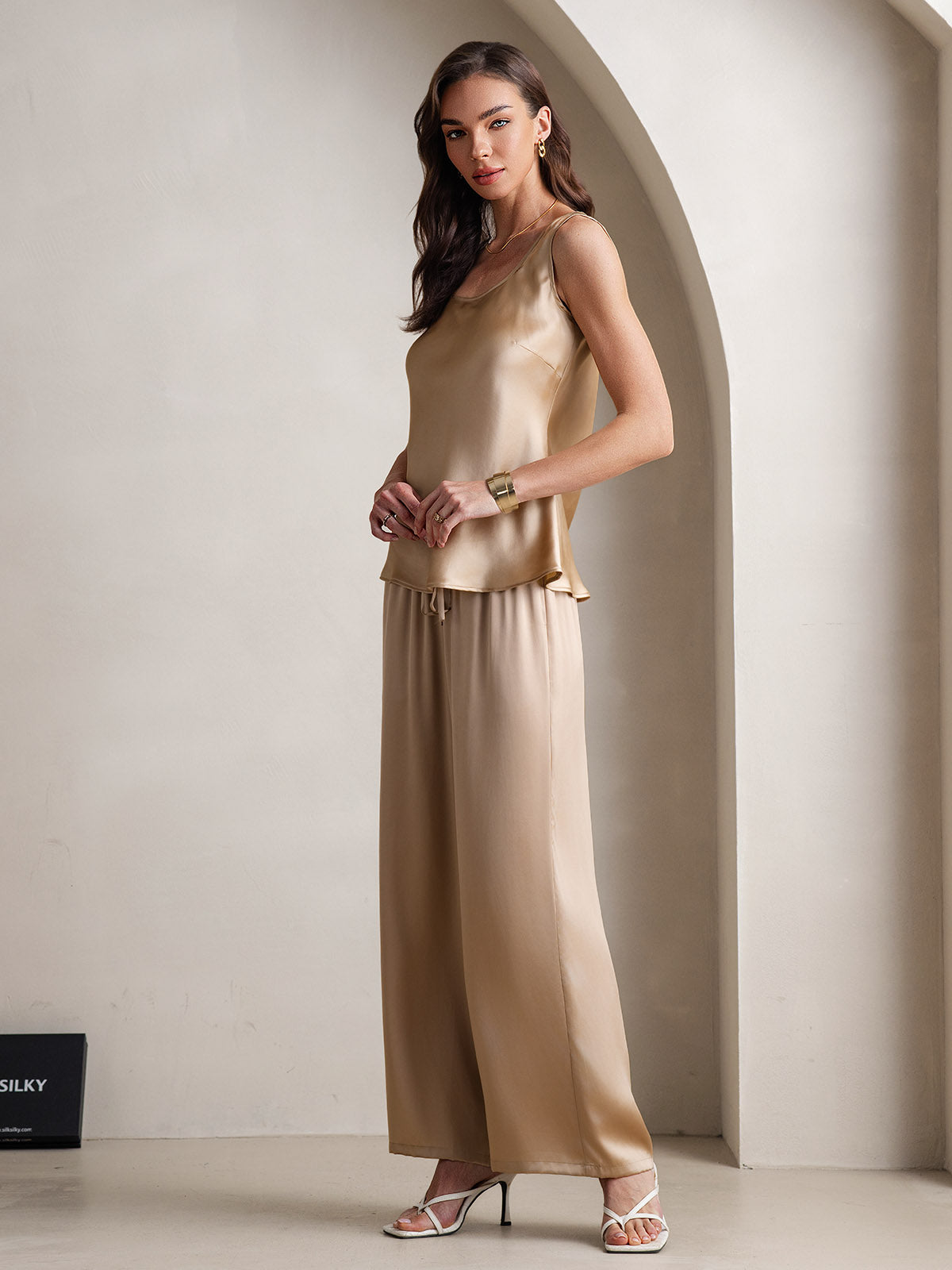 [Champagne] SilkSilky-UK Pure Silk Boat Neck Camisole Set 005