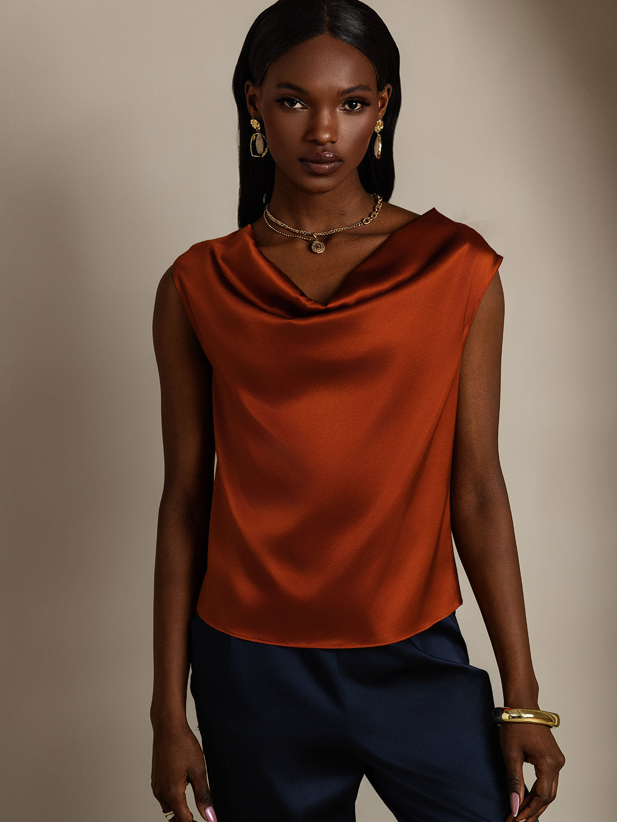 [Caramel] SilkSilky-UK 19Momme Silk Sleeveless Cowl Neck Women's T-Shirt 003