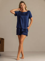 [Dark Blue] SilkSilky-UK 19Momme Machine-Washable Silk Short Sleeve Round Neck Women's Pyjamas 006