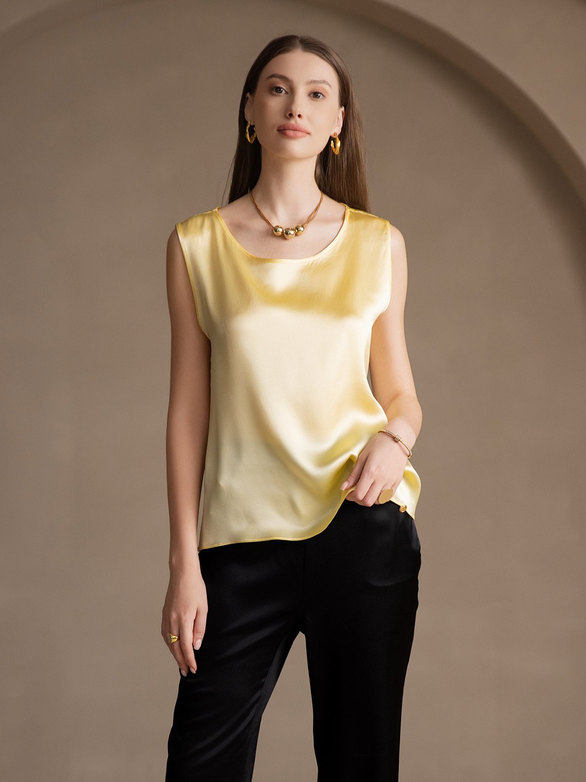 [Light Yellow] SilkSilky-UK 19Momme Silk Round Neck Camisole 001