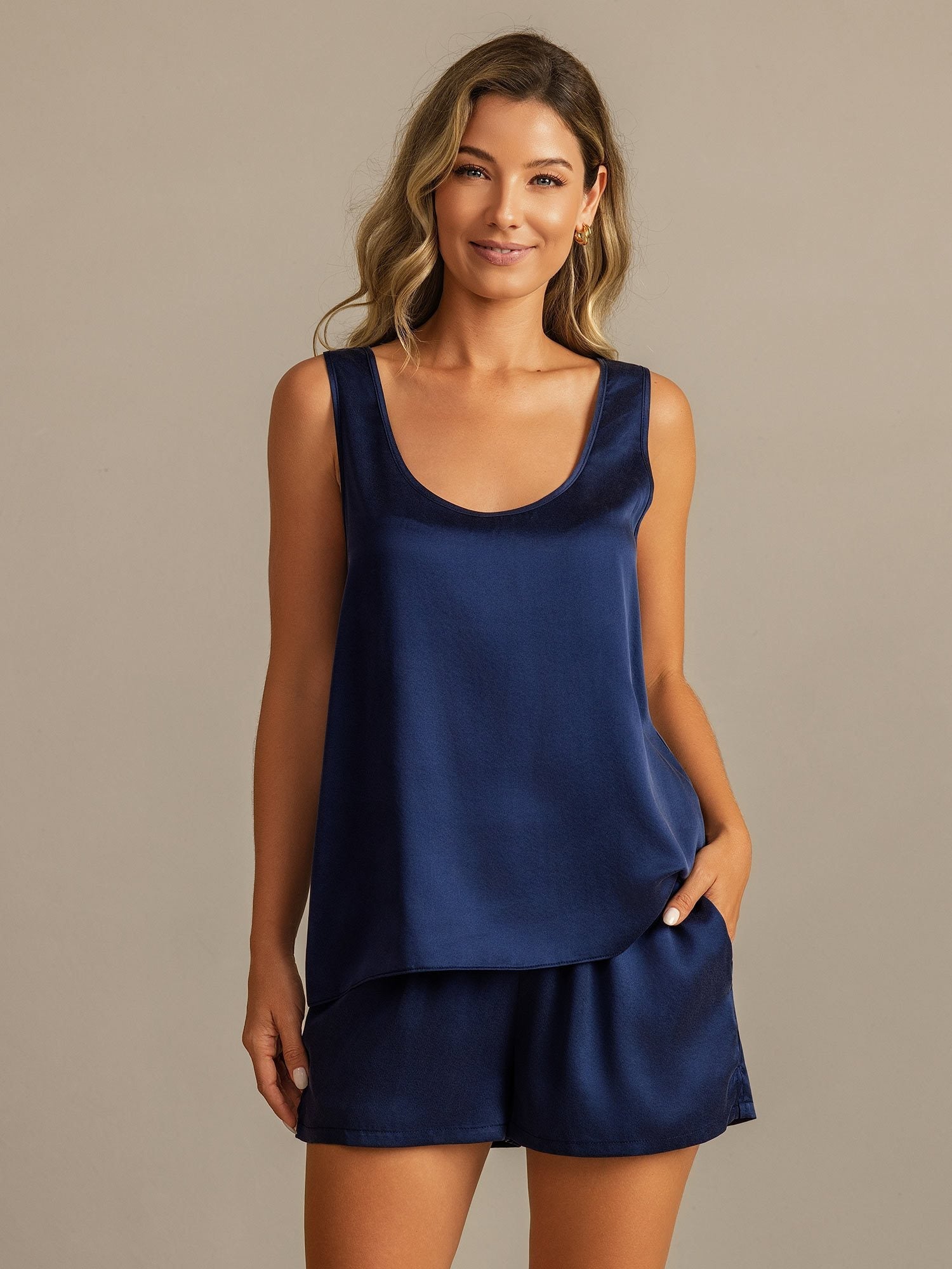 [DarkBlue] SilkSilky-UK 19Momme Washable Silk U Neck Women's Pyjamas 001