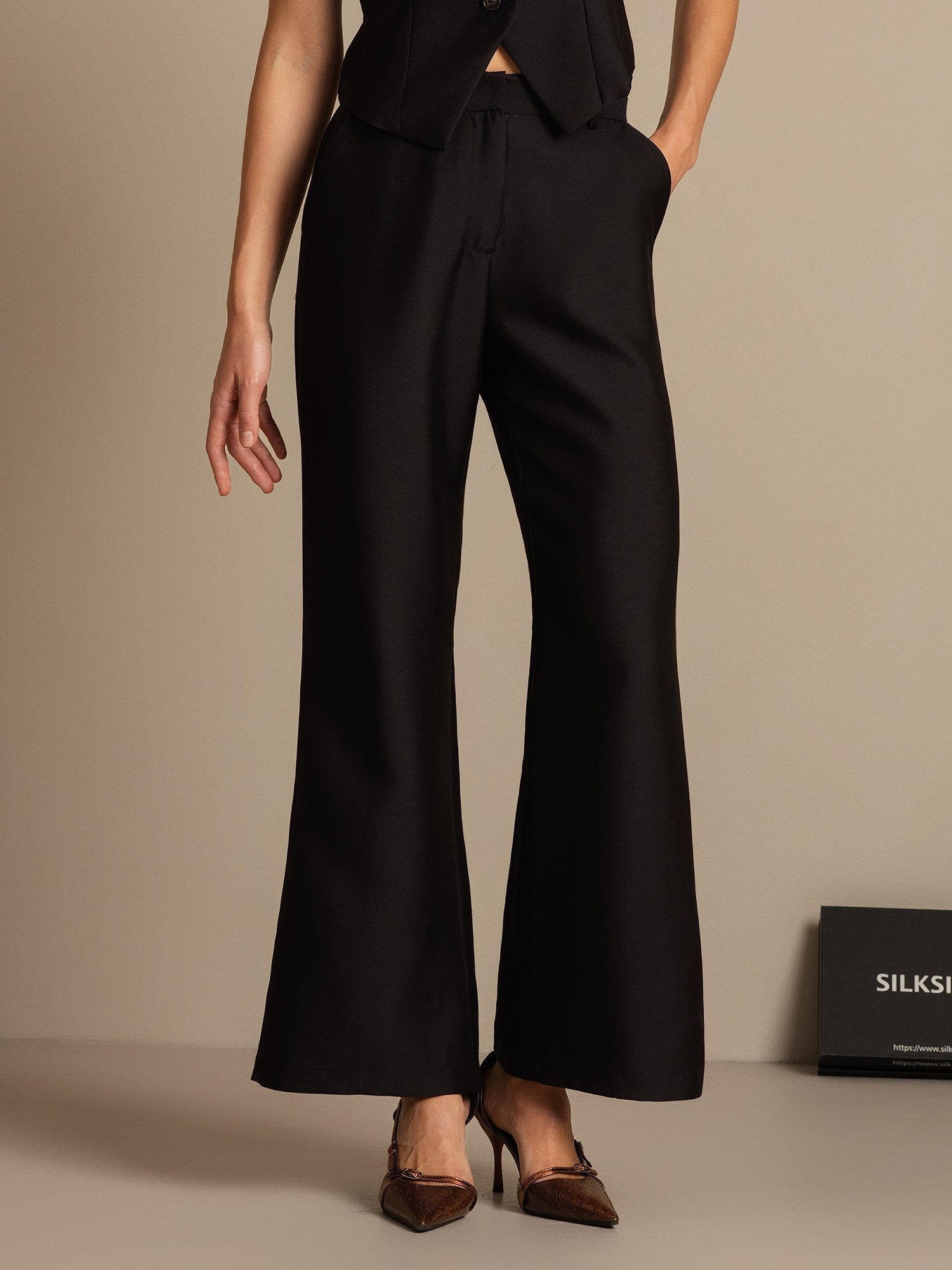 [Black] SilkSilky-UK 32Momme Silk-Wool Blend Womens Pants 001,