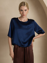 [Dark Blue] SilkSilky-UK Half Sleeve Scoop Neck Women's T-Shirt 003