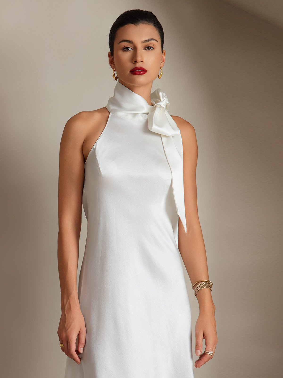 SilkSilky UK 19Momme Silk Sleeveless Tie Neck Dress White 003