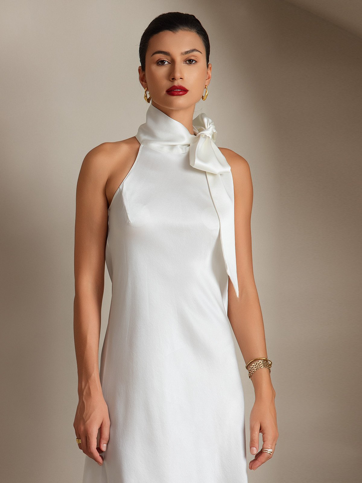 [White] SilkSilky-UK 19Momme Silk Sleeveless Tie Neck Dress 003