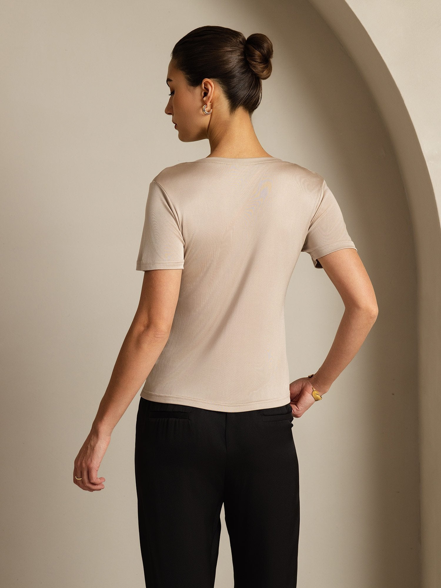 [LightKhaki] SilkSilky-UK Pure Silk V Neck Women's T-Shirt 002