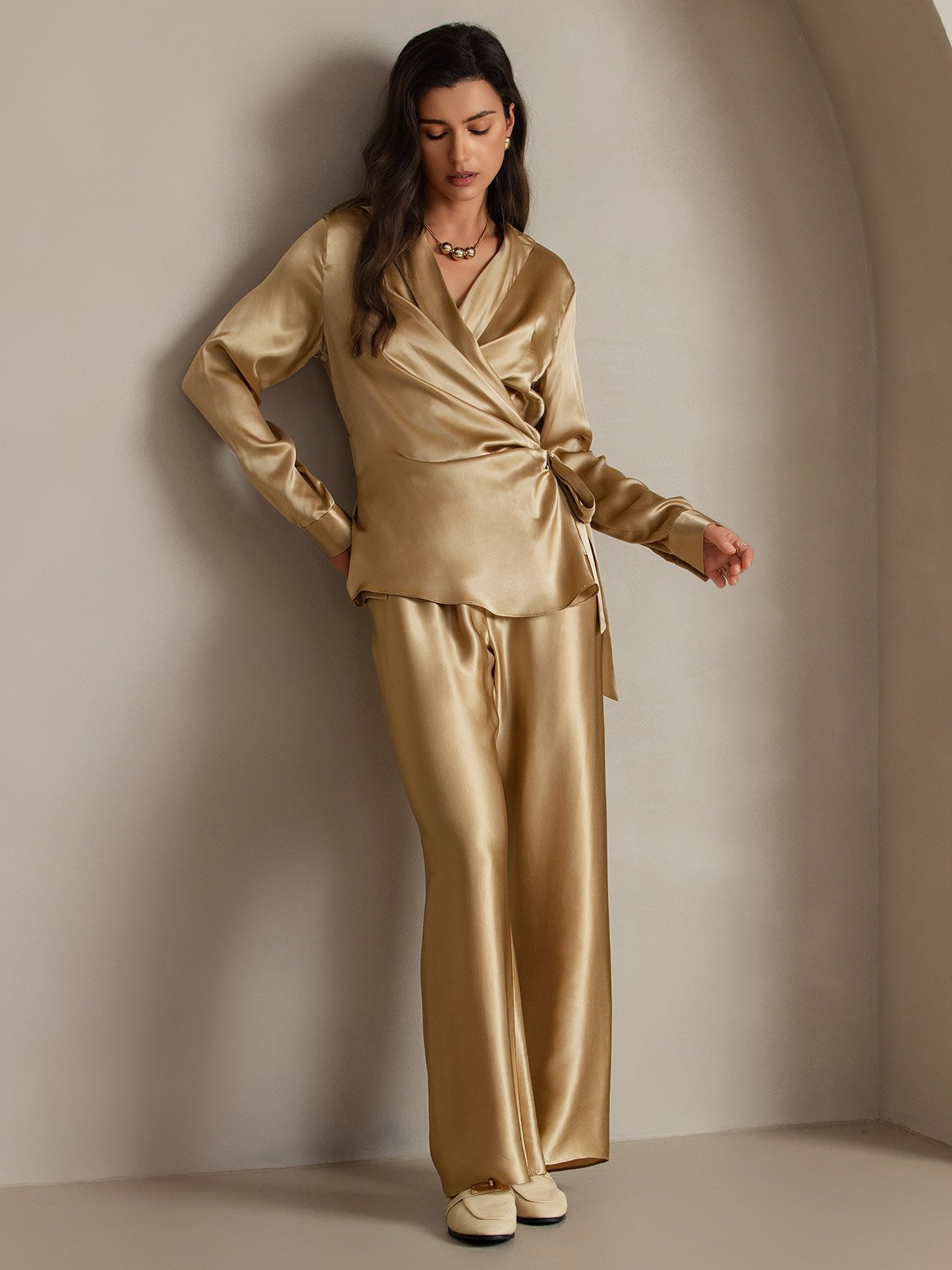 [Champagne] SilkSilky-UK 19Momme Silk Long Sleeve V Neck Women's Shirt 007