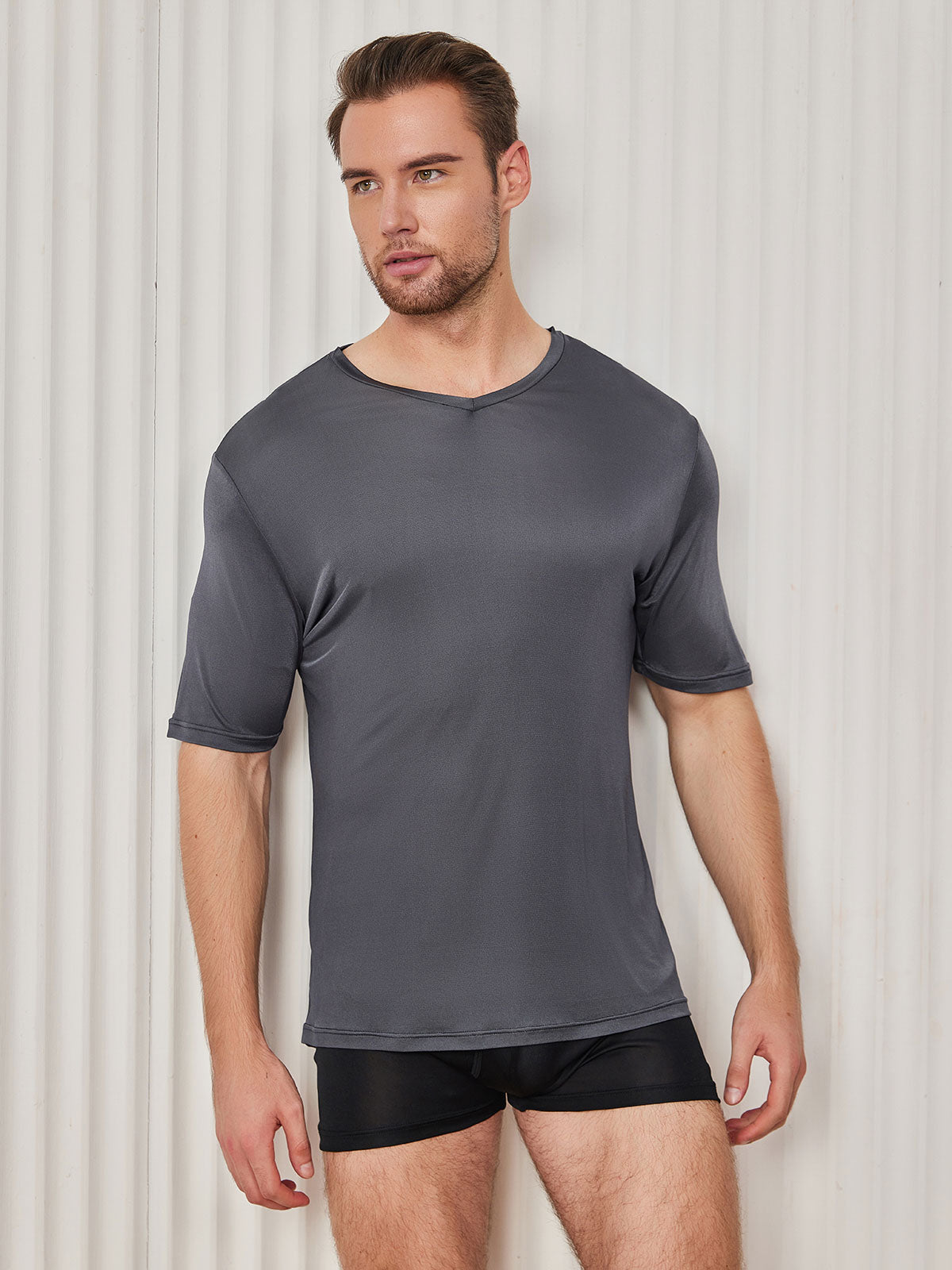 [Dark Gray] SilkSilky-UK Silk Knitted Short Sleeve V Neck Men's T-Shirt 001