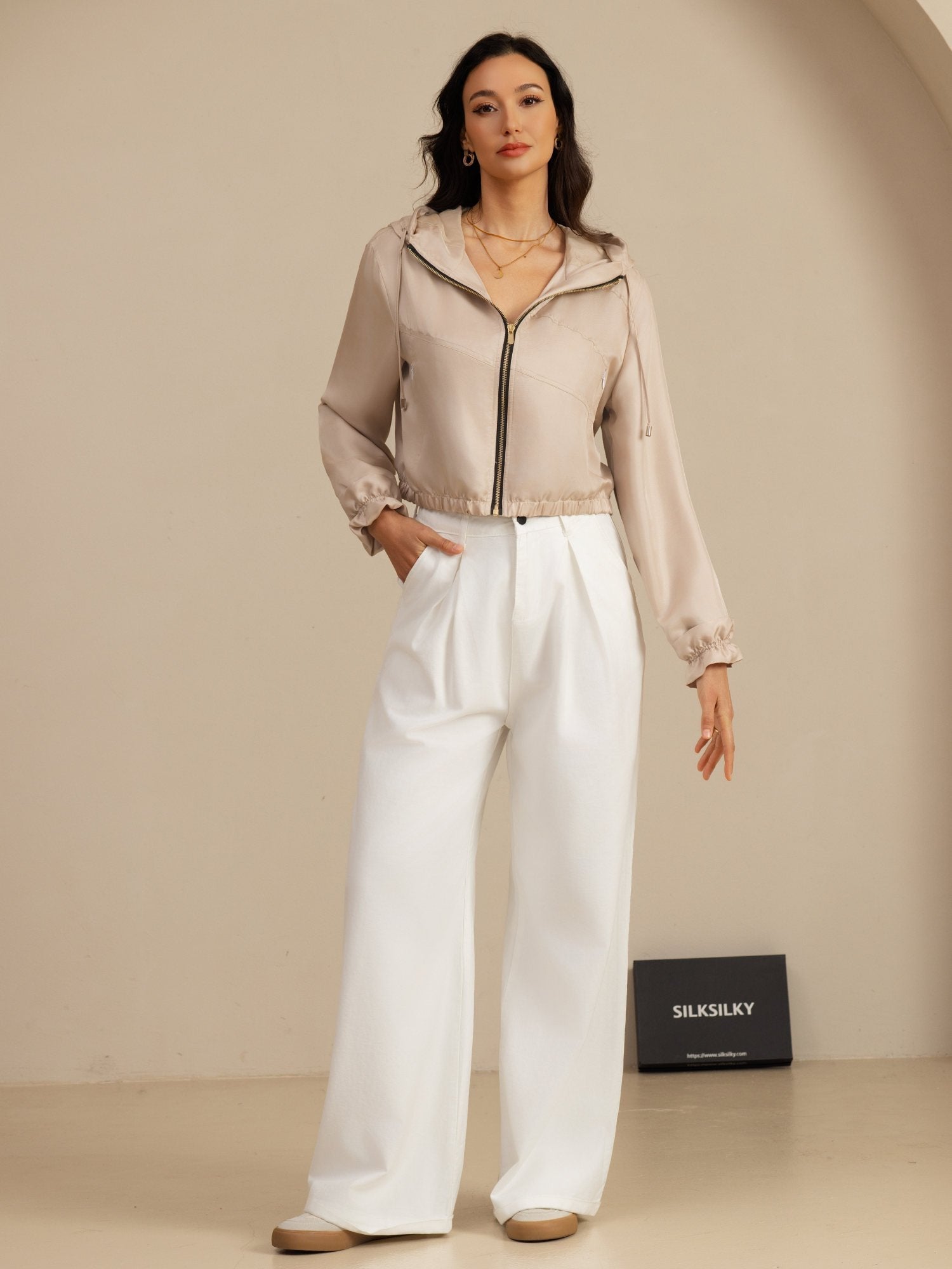 [Tan] SilkSilky-UK 18Momme Silk Satin Surah Long Sleeve High Neck Women's Outerwear 008