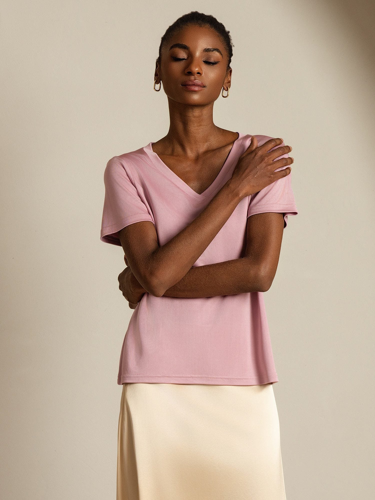 [PaleMauve] SilkSilky-UK Pure Silk V Neck Women's T-Shirt 008
