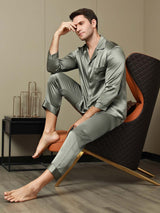 [Grayish Green] SilkSilky-UK Pure Silk Long Sleeve Lapel Men's Pyjamas 005