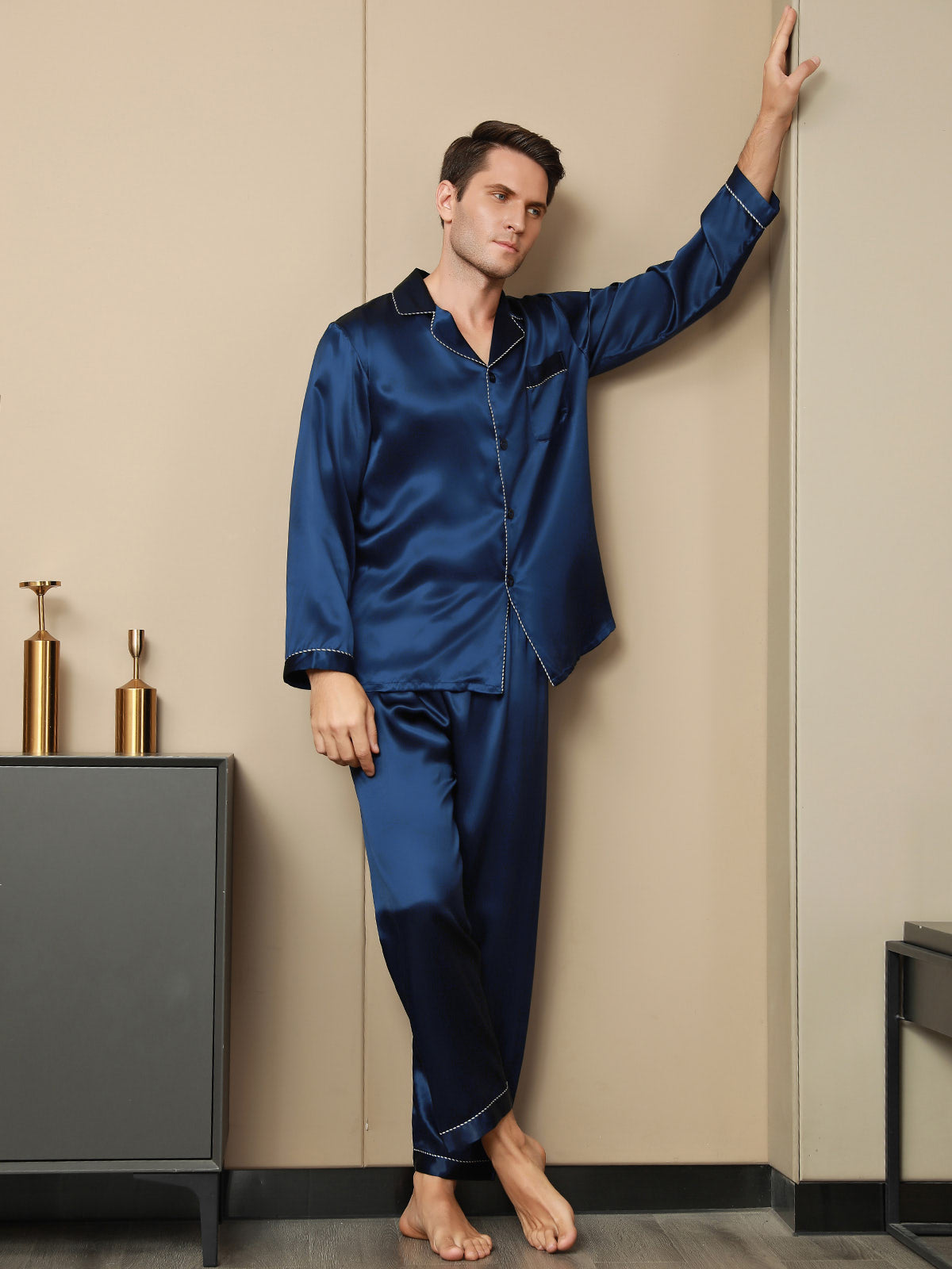 SilkSilky UK Pure Silk Long Sleeve Lapel Men's Pyjamas DarkBlue 003