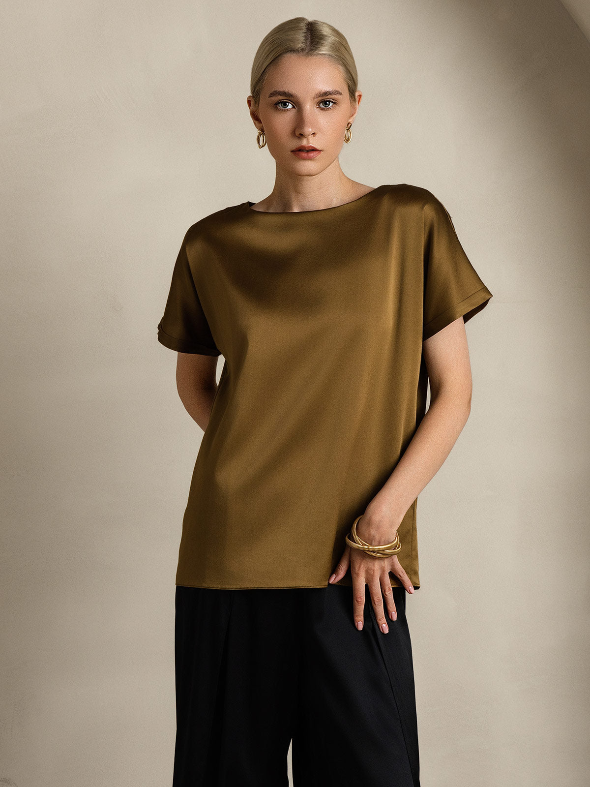 [Brown] SilkSilky-UK 19Momme Silk Short Sleeve Round Neck Women's T-Shirt 006