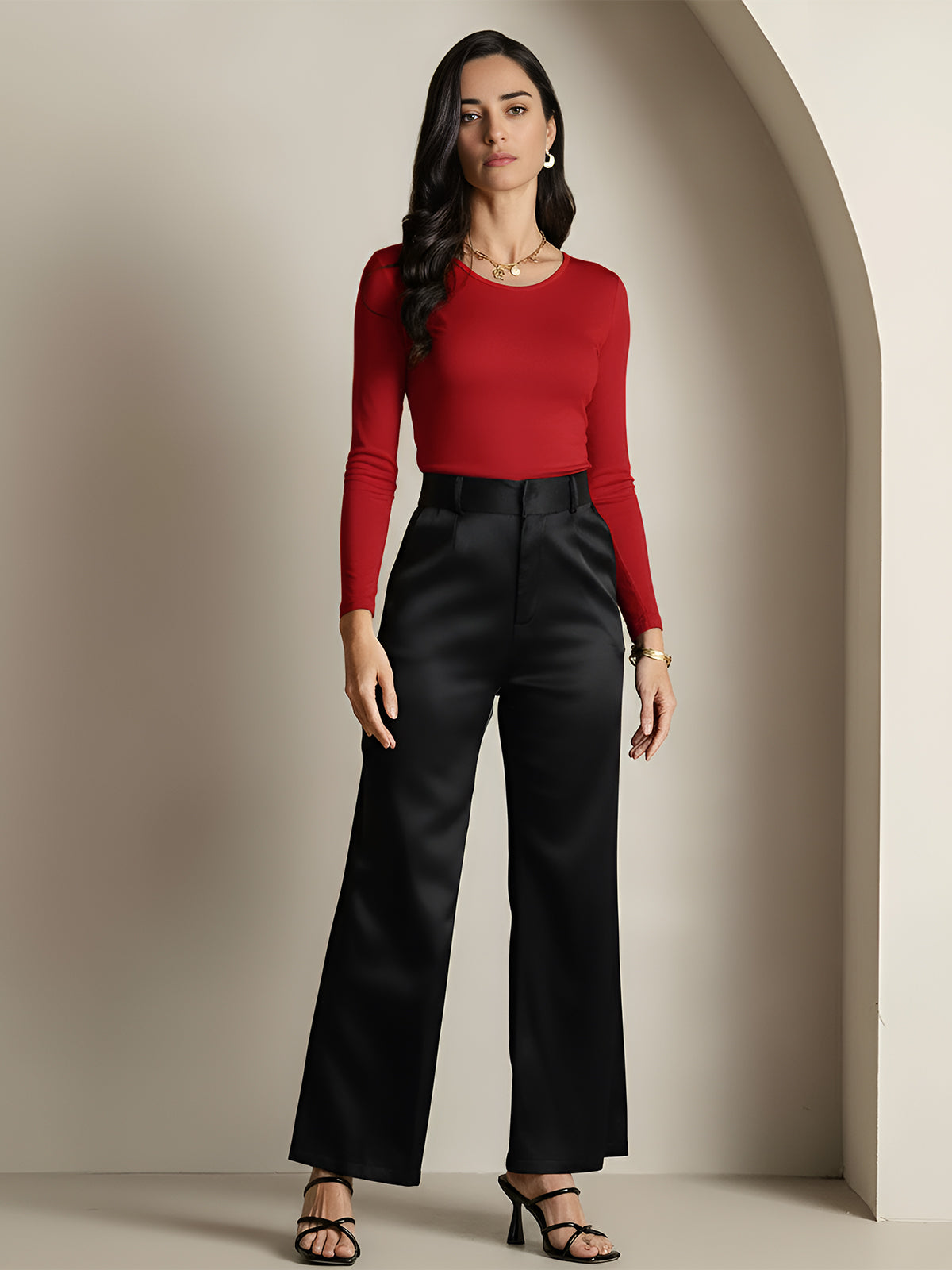 [Wine] SilkSilky-UK Silk Round Neck Women's T-Shirt 007