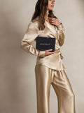 SilkSilky UK 19Momme Silk Long Sleeve V Neck Women's Shirt Champagne 005