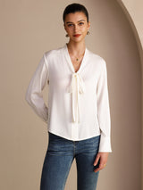 [White] SilkSilky-UK Long Sleeve Tie Neck Women's Blouse 003
